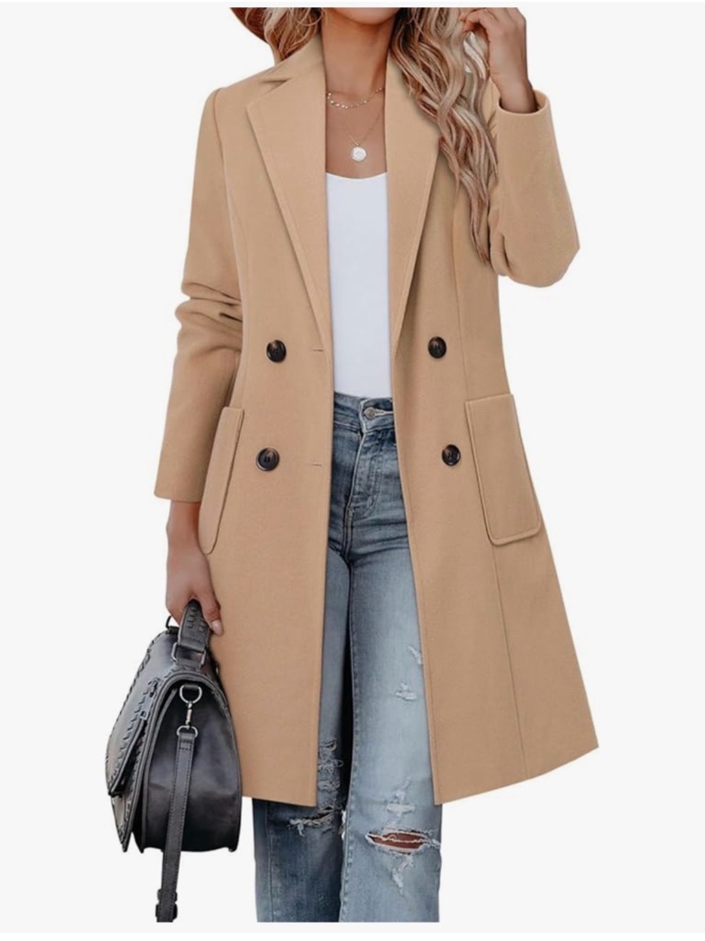 Womens Double-Breasted Camel Long Coat